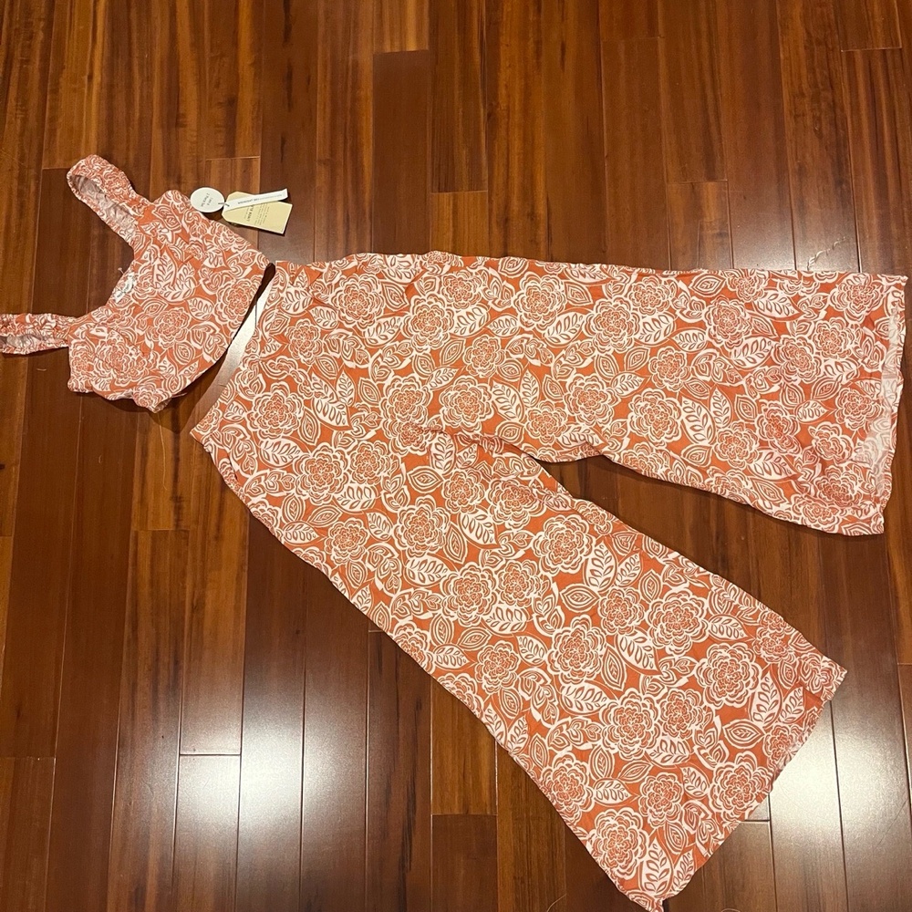 New NWT MIDNIGHT SKY Orange Two Piece Set Wide Leg Pants Linen Crop Top Sz Small